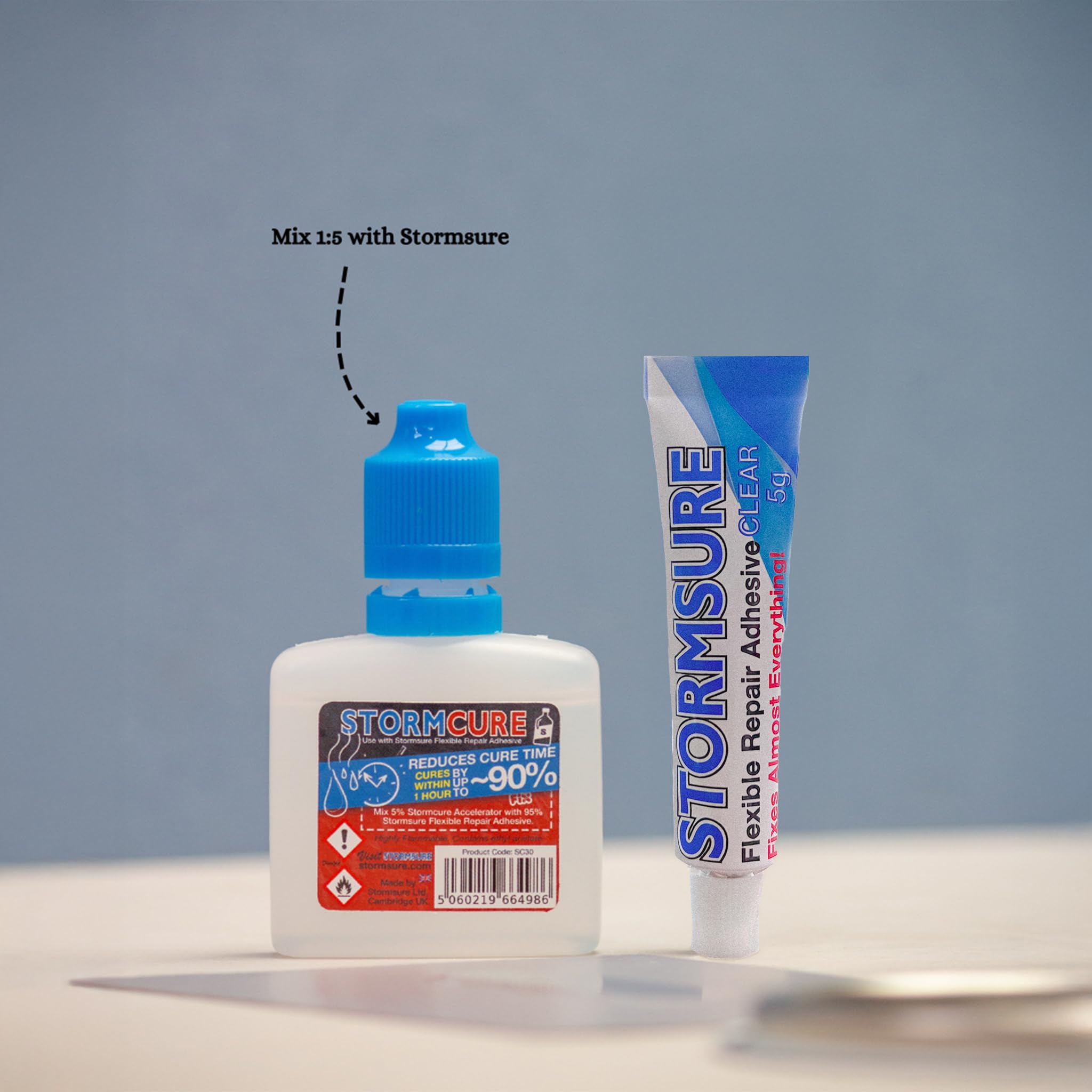 Stormsure Fast Curing Flexible Repair Adhesive - 5X 5g Clear Adhesive + 30ml Stormcure Accelerator: ~90% Faster Repairs Without Compromising Durability