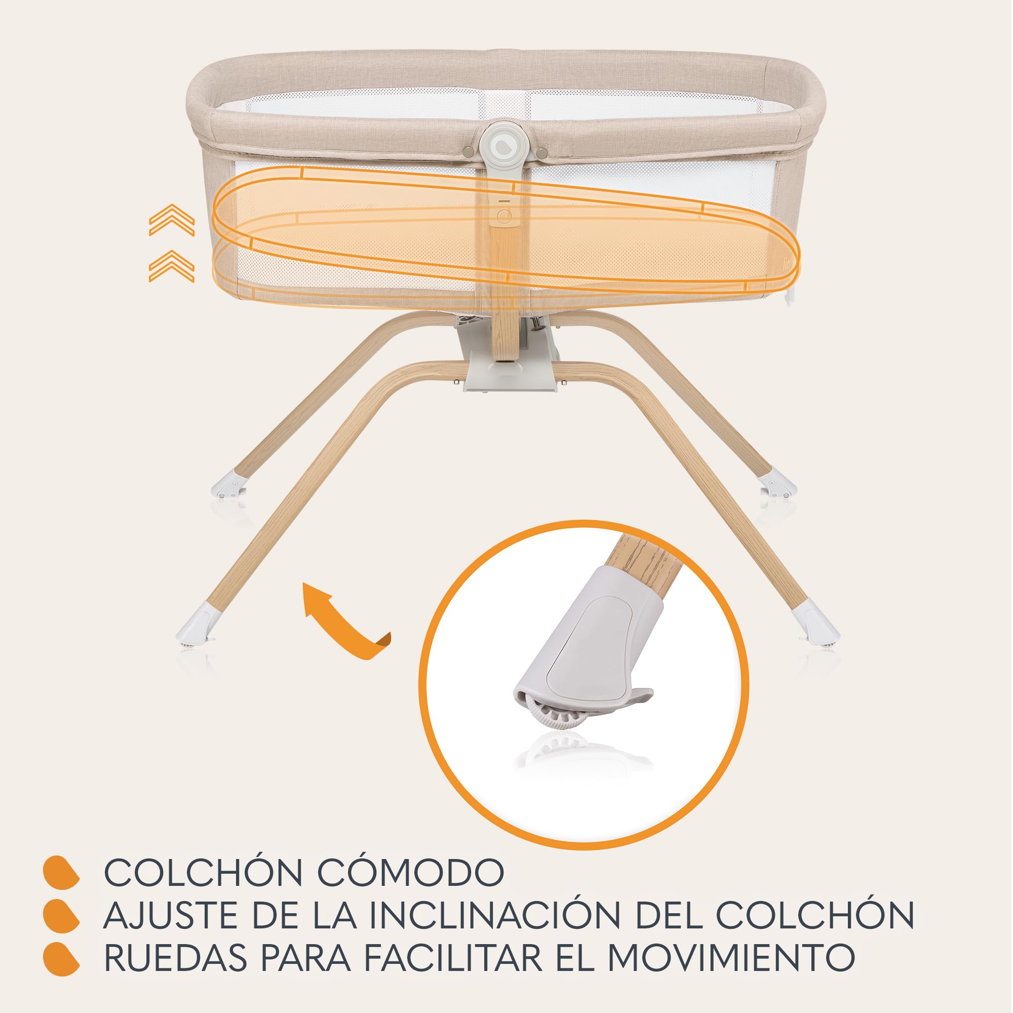 lionelo Malin EVO - Cuna de Viaje para bebé con colchón, de 0 a 9 kg, Dosel con mosquitera, Plegable, Sistema de balancín, reclinable, Montaje rápido (Beige Natural)