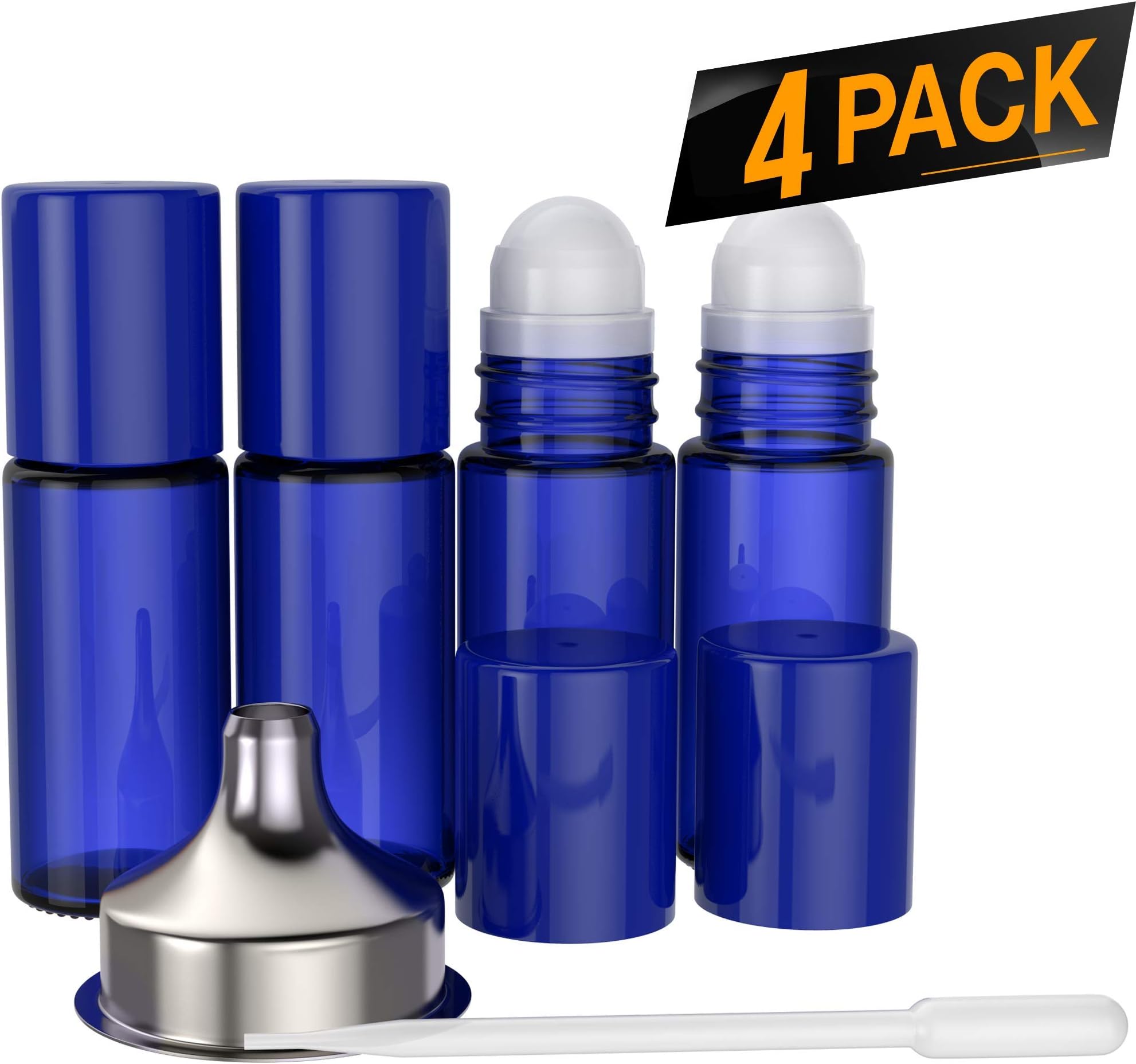 4 Pack Essential Oil Roller Bottles [Plastic Roller Ball] FREE Plastic Pippette and Funnel - Refillable Glass Color Roll On for Fragrance Essential Oil - 30ml 1 oz (BLUE)