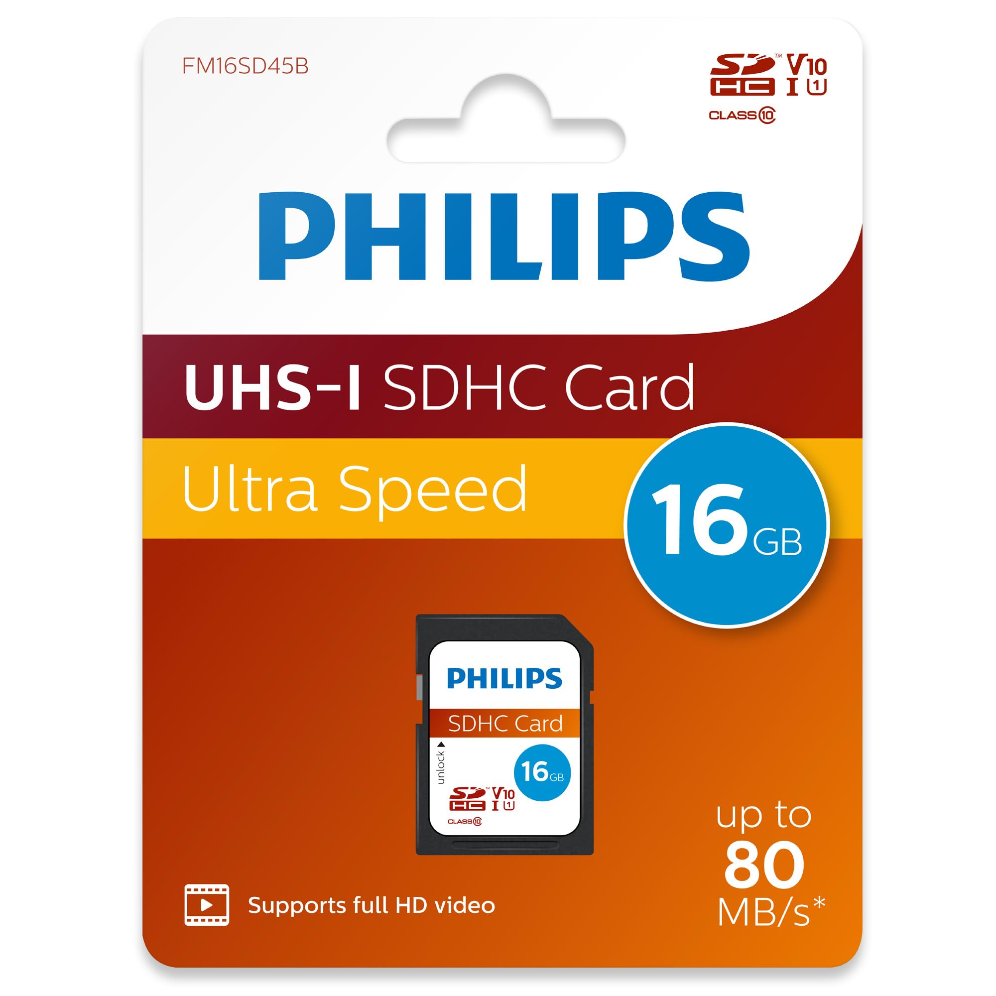 Philips Ultra Speed Carte SDHC 16 Go UHS-I U1, Vitesse de Lecture jusqu'à 80MB/s, V10, Carte mémoire pour Appareil Photo, Tablette, Ordinateur Personnel, Lecteur de Carte, vidéo Full HD