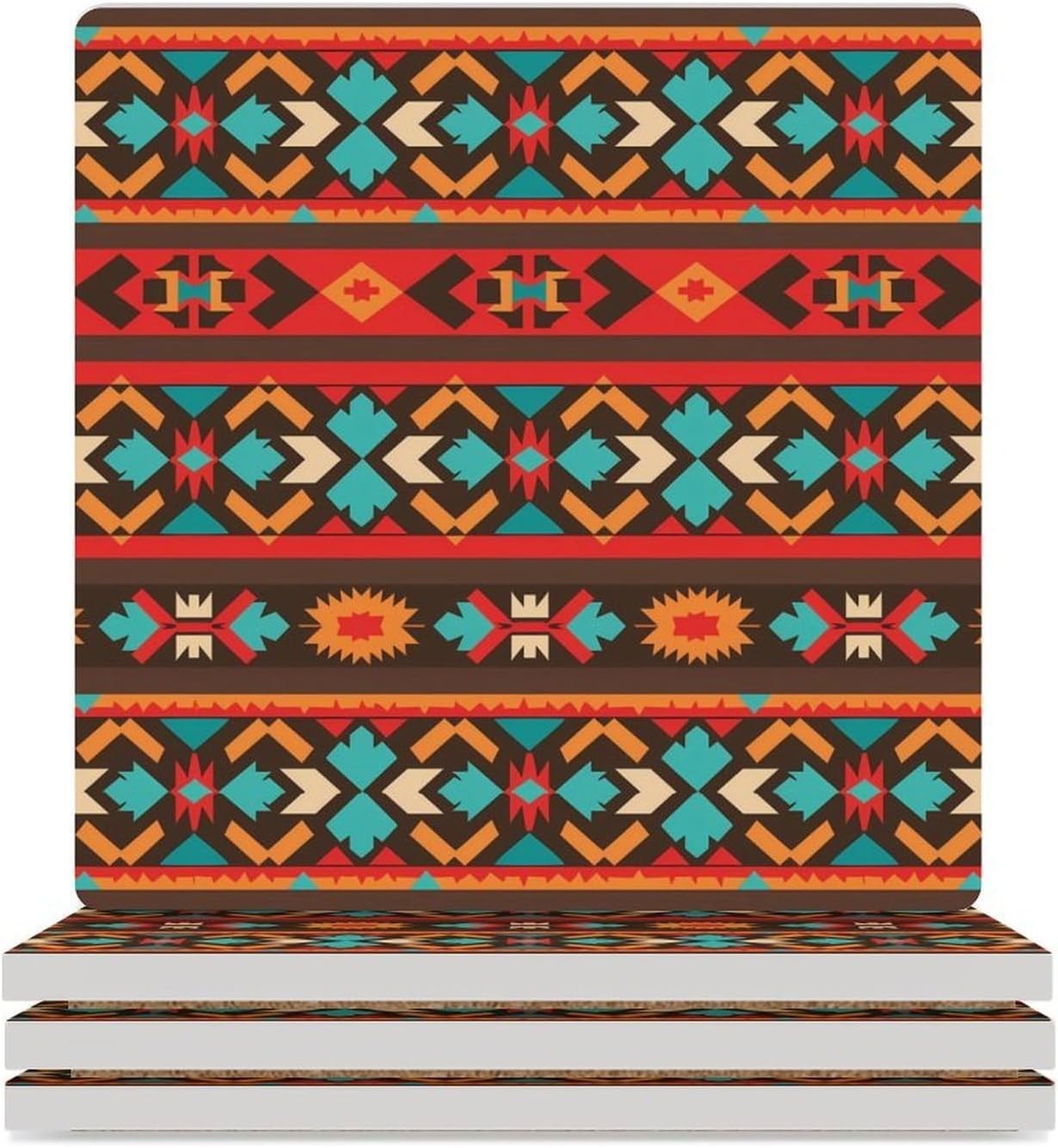Southwestern Navajo Pattern Coaster for Drinks Square Ceramic Table Coasters Stone Mat Crafts 4PCS Home Kitchen Decor