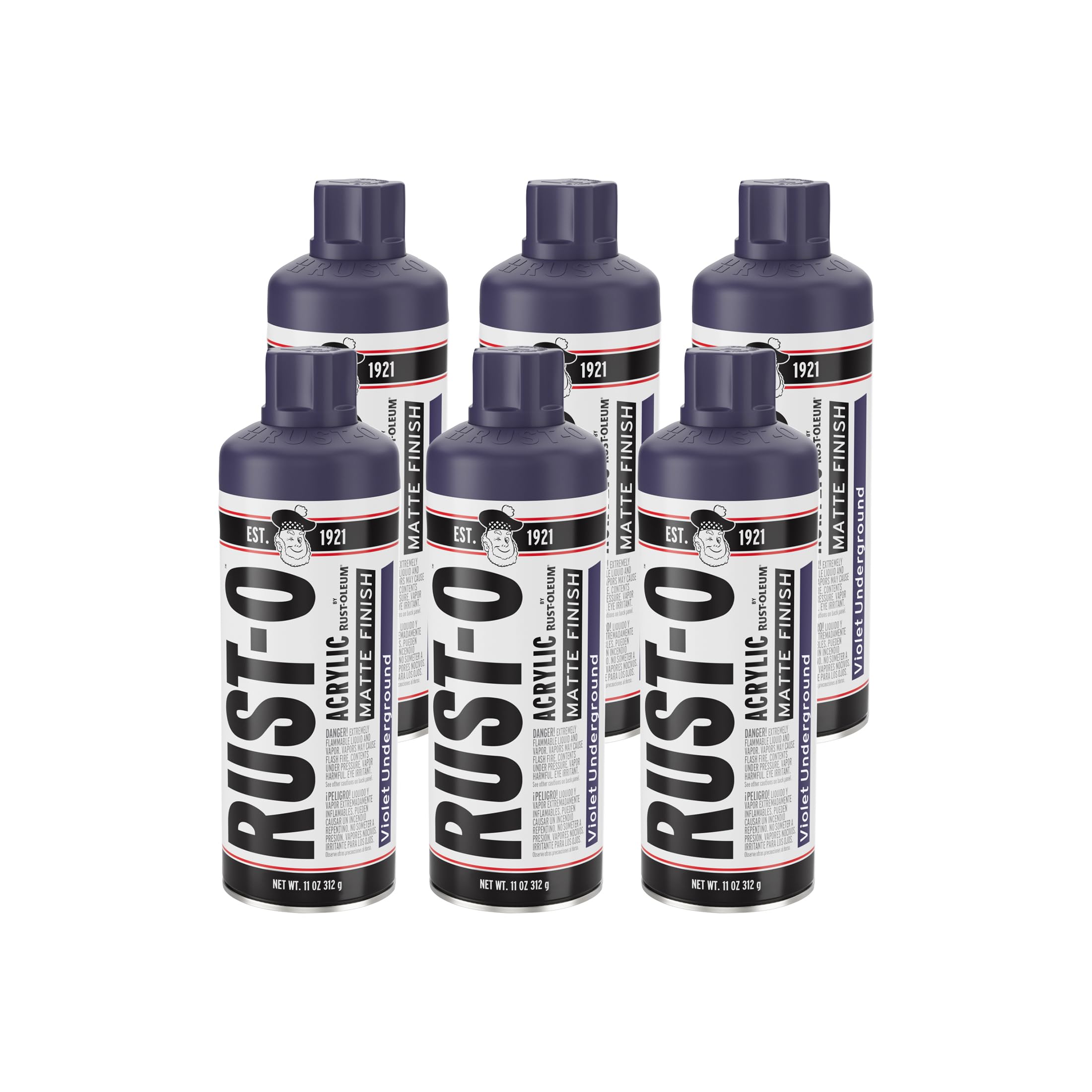 Rust-Oleum Rust-O Acrylic Spray Paint | Street Artist Spray Paint for Murals | Weather Resistant for Concrete, Wood, Brick and Other Surfaces | 11 Ounce | Matte Violet Underground | 6 Pack