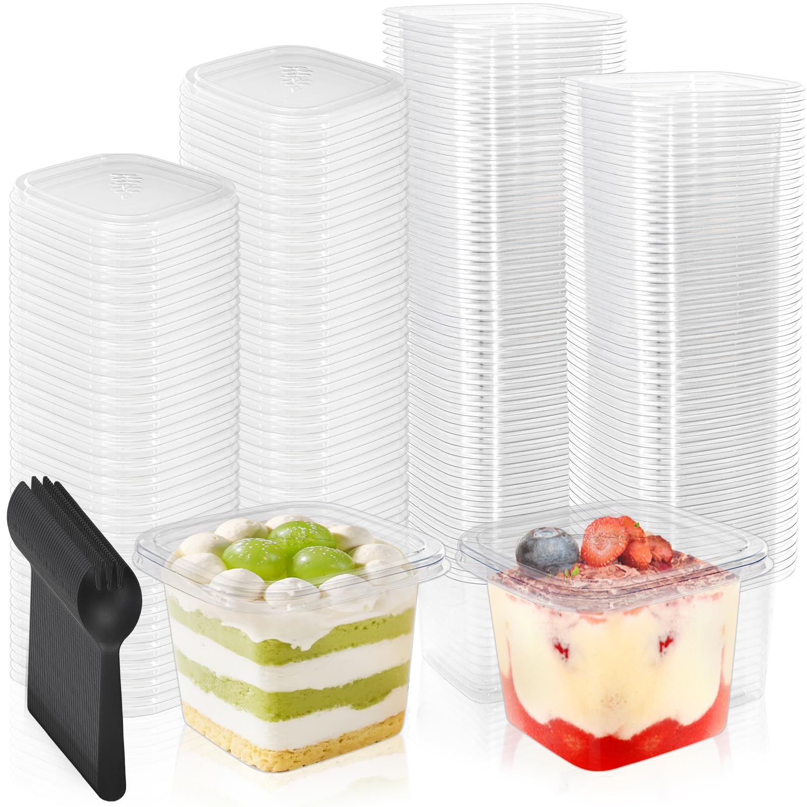 100 Pack 13 oz Square Plastic Dessert Cups, Clear Parfait Cups with Lids Spoons, Disposable Appetizer Tiramisu Container for Pudding, Fruit, Mousse, Shortcake, Yogurt