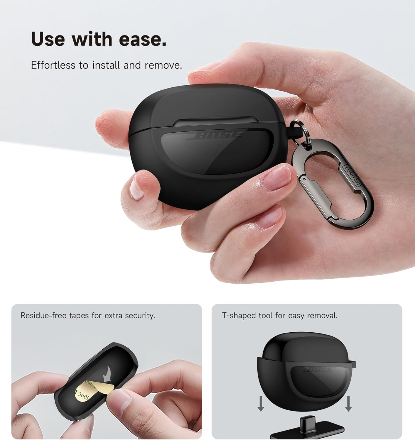 SURITCH Case Cover for Bose Ultra Open Earbuds(2024), Shockproof Protective Cover for Bose Ultra Open Wireless Ear Earbuds Charging Case Accessories with Carabiner, Black - Image 6