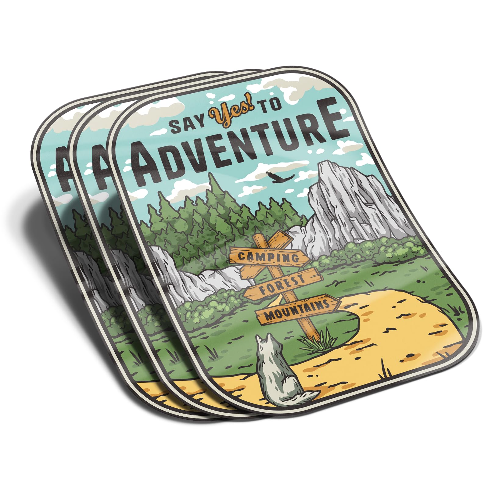 (3Pcs) Say Yes to Adventure Sticker Camping Mountain Travel Hiking Decal Waterproof Vinyl Stickers Adult for Laptop Kindle Car Tumbler Water Bottle Mug Phone Journal Helmet - Size 3”x2.2”