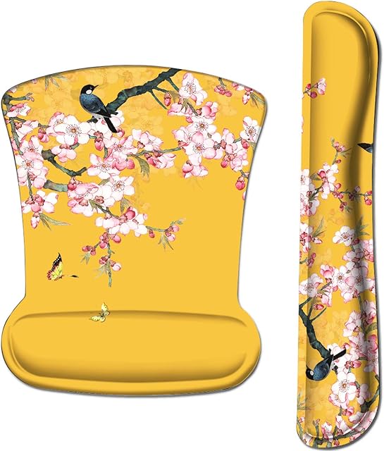 iCasso Wrist Rest with Coaster, Ergonomic Mouse Pad Wrist Support Non-Slip Base, Comfortable Memory Foam Keyboard Wrist Rest for Computer Laptop Home Office Working Gaming (Bird&Flowers)