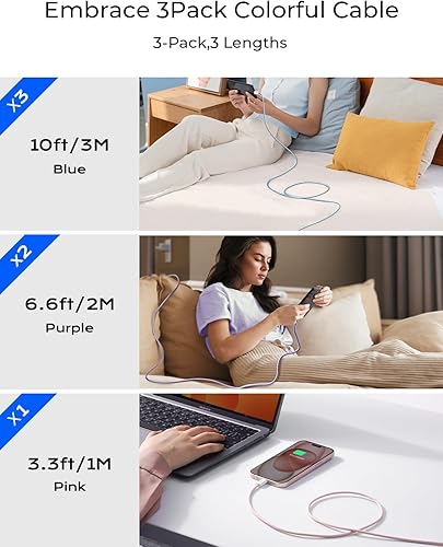 Vista 72 de LISEN Cable USB C, paquete de 3 [3.3/3.3/3.3/3.3 pies] USBC a USBC para iPhone 16e 15 Pro Max, cable de carga rápida de 60 W (3.1 A) C a C