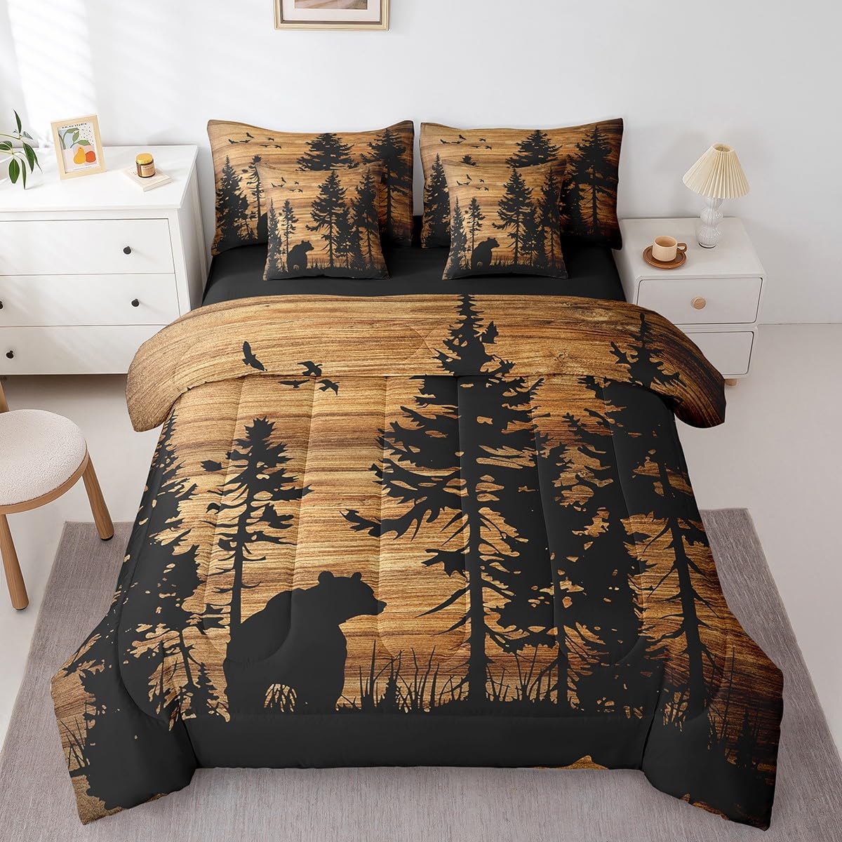 Feelyou Bear Comforter Set Pieces Queen Size Rustic Cabin Country Bedding Set for Kids Teens Adults Vintage Brown Wood Bed in Bag Comforter Sheets Pillowcases Cushion Covers