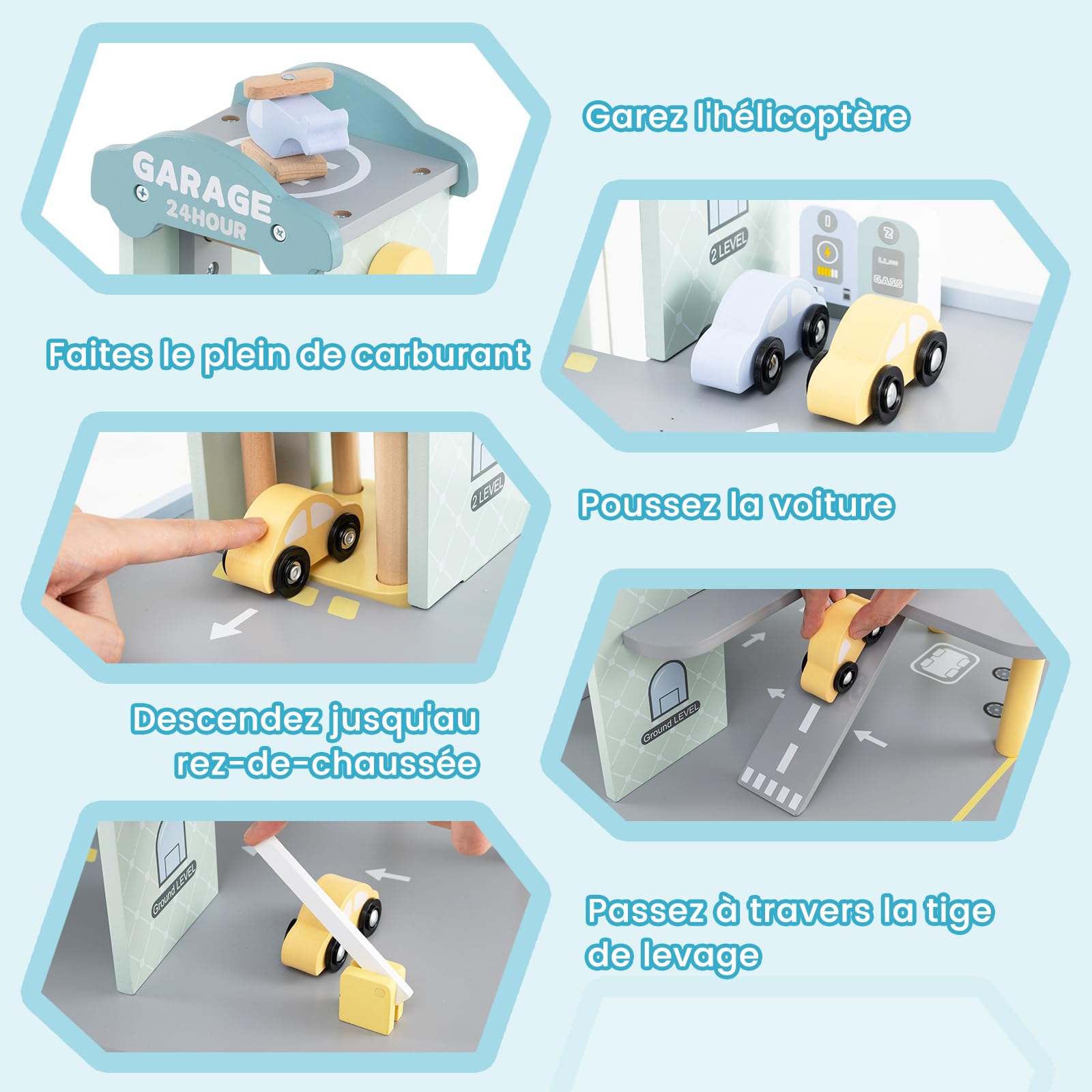 COSTWAY Garage en Bois à 3 Niveaux Enfants avec 4 Voitures & 1 Hélicoptère, Garage de Stationnement avec Ascenseur Amovible, Station-Service & Héliport, Jeu d'Imitation pour Enfant de 3 Ans+