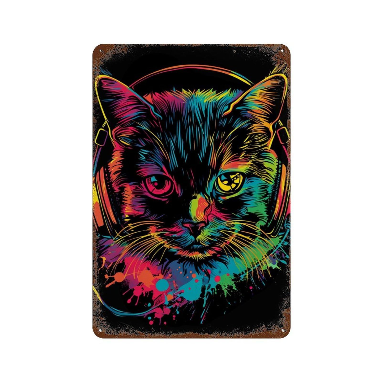 Colorful Cat Headphones Art Print Rustic Tin Plaque 11.8"x7.9", Vintage Wall Decor for Garage, Pub Or Kitchen