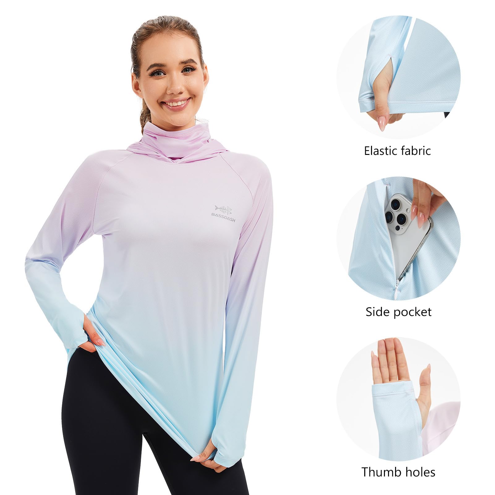 Bassdash Damen Angel Kapuzenshirt mit UPF 50+ Daumenlöchern für Gesichtsmaske FS23W