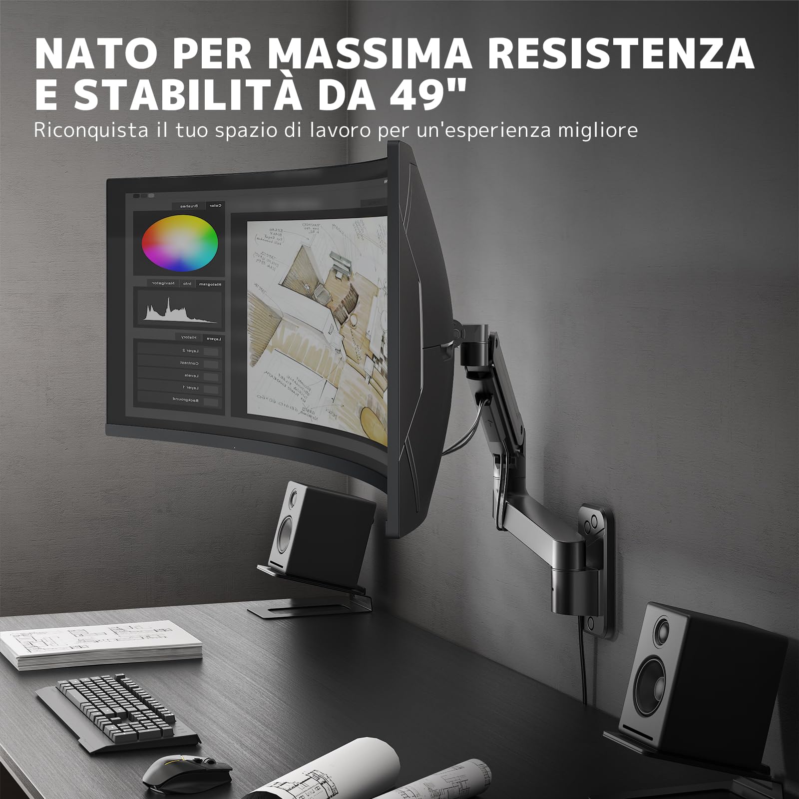 Supporto Monitor Muro per Monitor 17-49 Pollici, Braccio Monitor Muro Singolo con Molla a Gas Ergonomico Regolabile in Altezza, Rotazione e Inclinabile, Fino a 20kg, VESA 75/100 mm, Nero