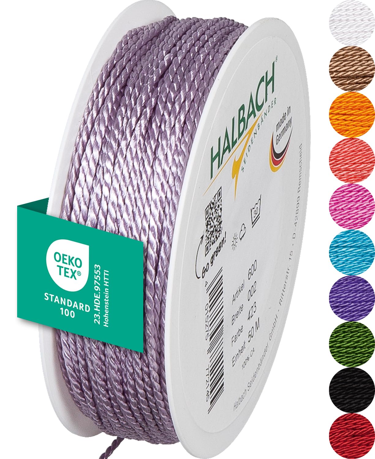 Halbach Seidenbänder Premium Kordel (Lavendel) | Breite 2mm Länge 50m | Made in Germany & Öko-Tex Zertifiziert | glänzende Satinkordel aus Acetat