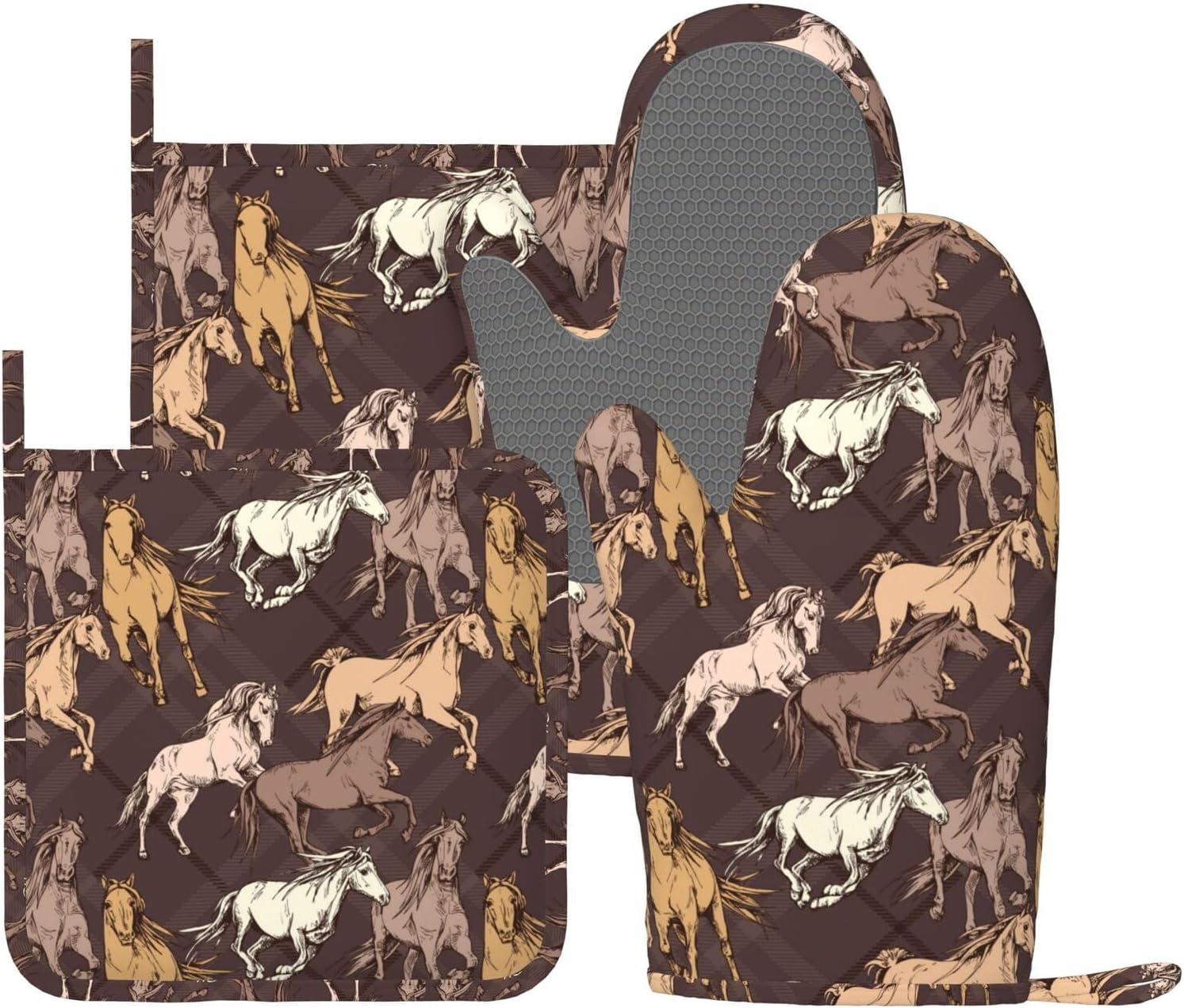 Vintage Horse Oven Mitts and Pot Holders Sets, 4pcs Silicone Non-Slip Kitchen Mitts Potholders Heat Resistant BBQ Gloves Hot Pads for Cooking Grilling Baking Microwave Chef Gifts Decor