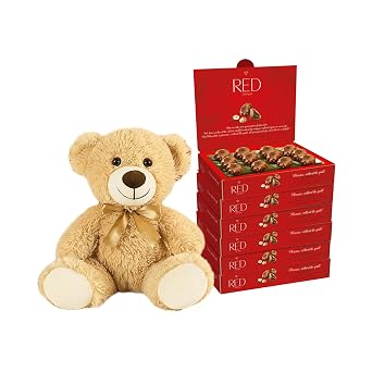 RED DelightTM Milk Chocolate Diamond Truffles - with Hazelnut And Macadamia Filling 6 Boxes 4.66 OZ EACH + 14" Plush Teddy Bear