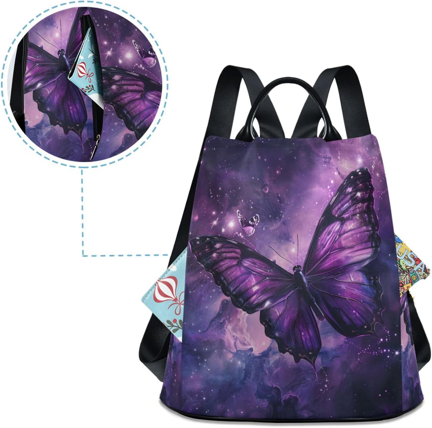Anti Theft Backpack Butterflies Galaxy Purple Women Large Fashion Travel Shoulder Bag Purse Rucksack Lightweight - Image 4