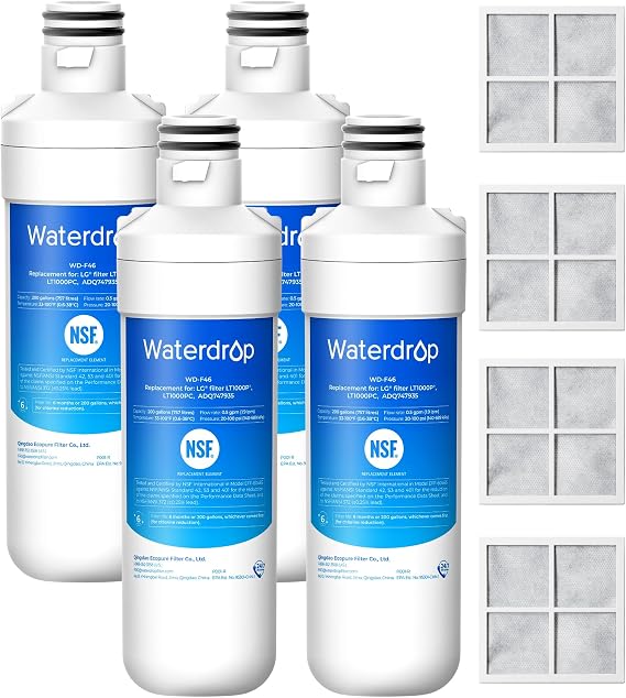 Waterdrop LT1000PC ADQ747935 Refrigerator Water Filter and Air Filter, Replacement for LG LT1000P, LMXS28626S, LFXS26973S, LFXS26596S, LFXS28596S, ADQ74793501, ADQ74793502 and LT120F, 4 Combo