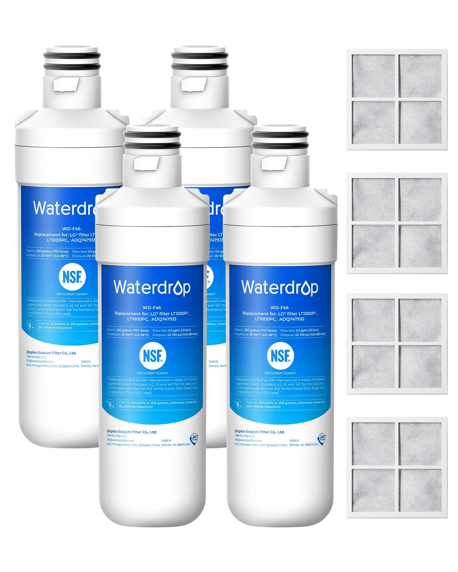 Waterdrop LT1000PC Refrigerator Water Filter and Air Filter, 4 Combo