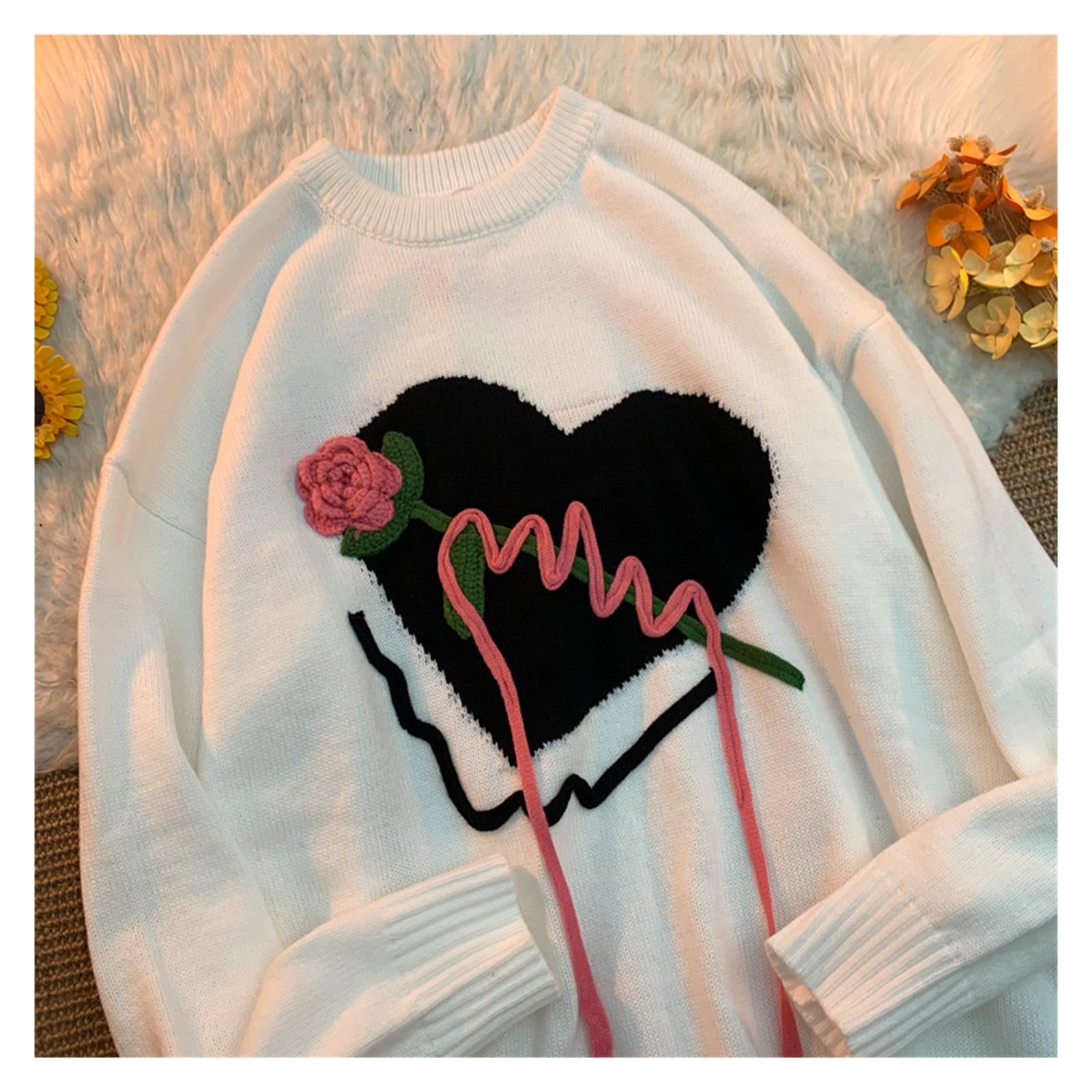 Amazon.co.jp: LLLY セーター 刺繍 花 ハート ニット セーター 原宿 