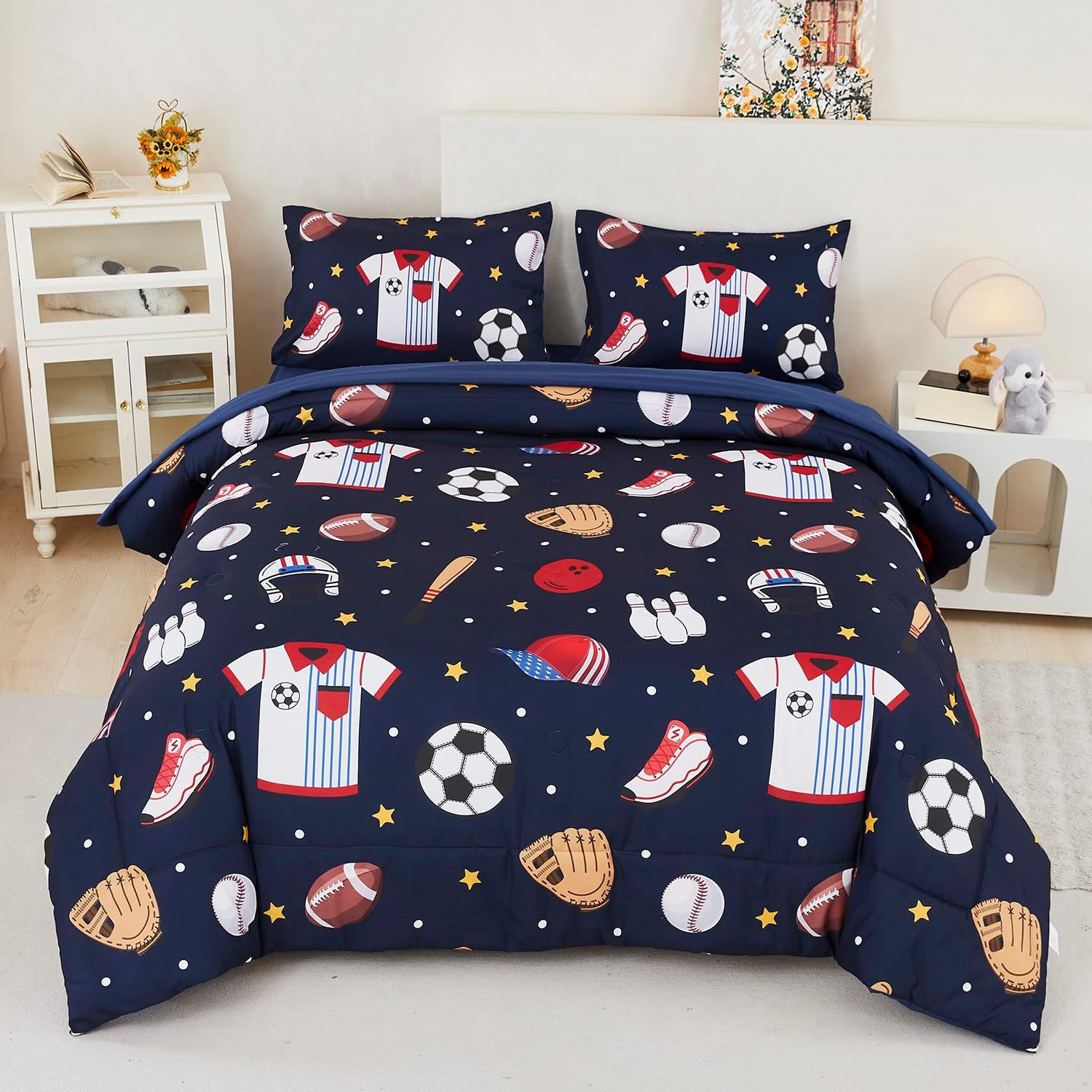 Kids Sports Comforter Set Twin Boys Bedding Set Navy Baseball Football Soccer Basketball Bed Sets Reversible 5 Pieces Bed in A Bag with Sheets(Navy Balls, Twin)