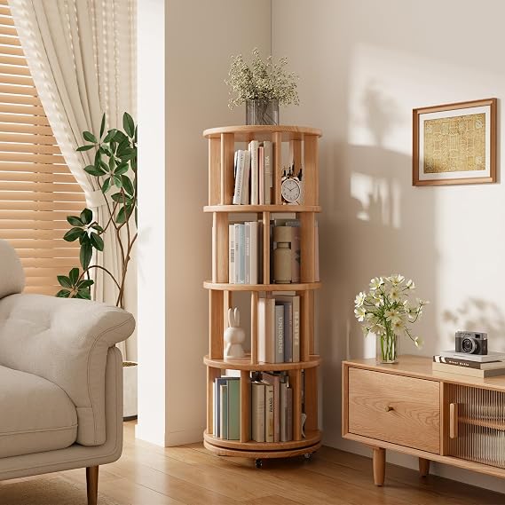 Mobile Rotating Bookshelf with Wheels - Solid Wood 360 Rotating Bookcase 4 Tier Revolving Bookshelf Spinning Bookcase Tower Corner Shelf for Small Space