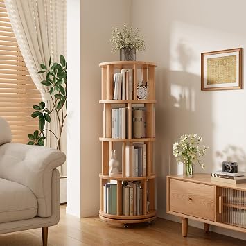 Mobile Rotating Bookshelf with Wheels - Solid Wood 360 Rotating Bookcase 4 Tier Revolving Bookshelf Spinning Bookcase Tower Corner Shelf for Small Space