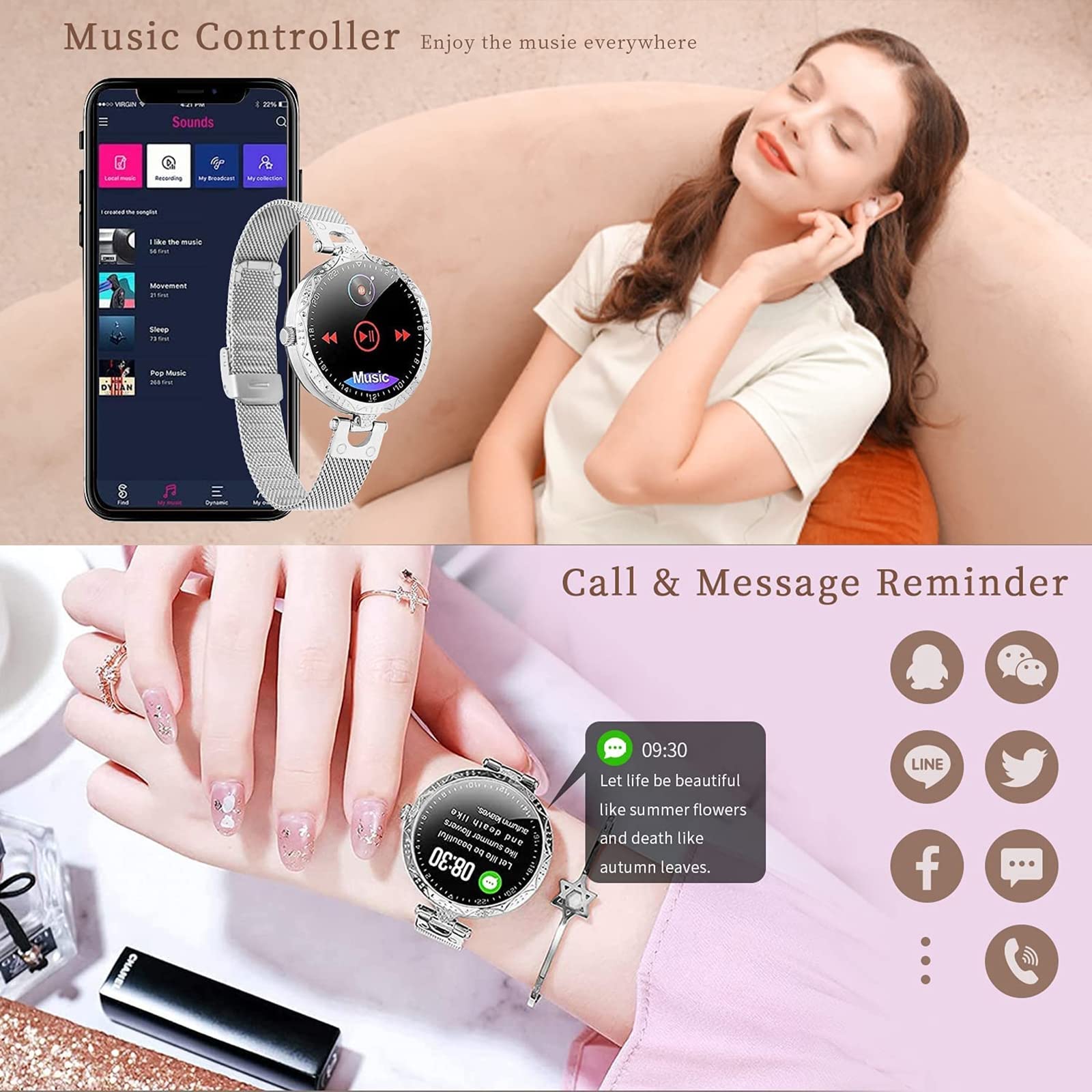 Damski smartwatch z ekranem dotykowym 2.8 cm. Wodoodporny monitor aktywności IP68 z pulsometrem, zegarek fitness, krokomierz, stoper, inteligentny zegarek do iOS/Andoid, złoty
