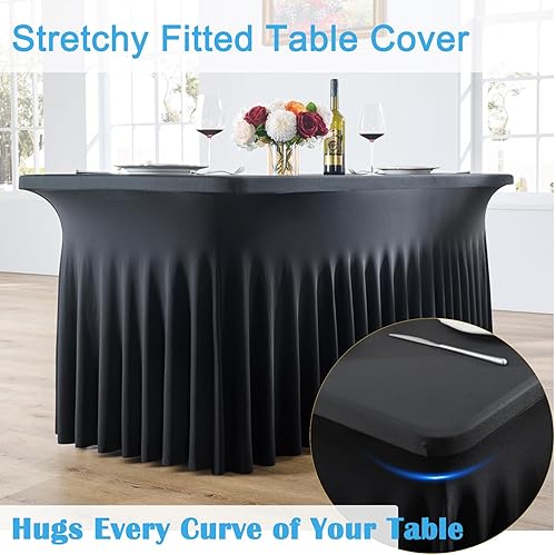 Miniatura 4 de Paquete de 2 manteles de elastano negro para mesas rectangulares de 6 pies, sin arrugas, elásticos, ajustables, falda de mesa elegante de 6 pies