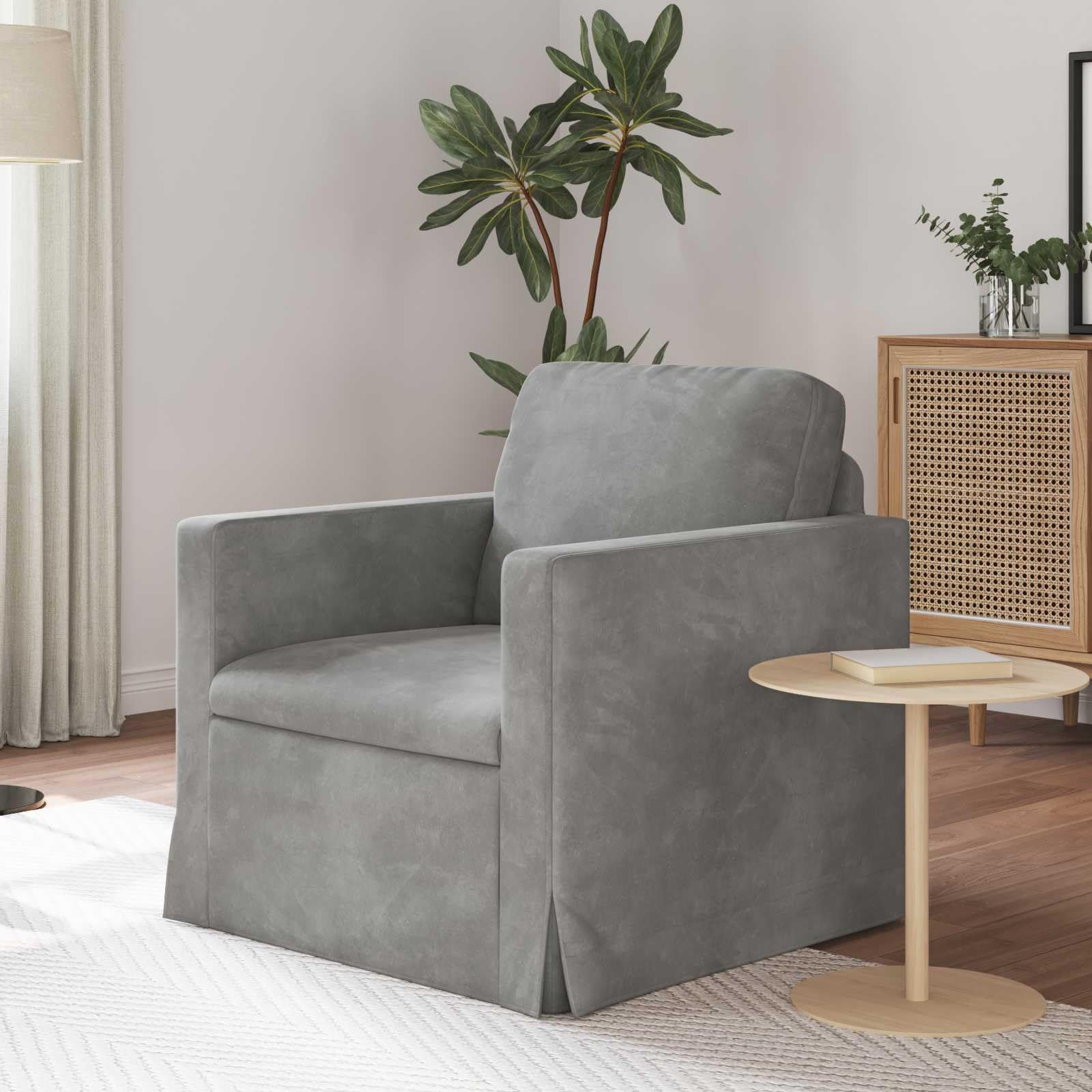 Sofa jasnoszara z aksamitu 78 x 78 x 80 cm o ergonomicznym wzornictwie, stabilna metalowa rama, drewniane podłokietniki, nie zajmuje dużo miejsca, do salonu, pokoju gościnnego i wypoczynku, z