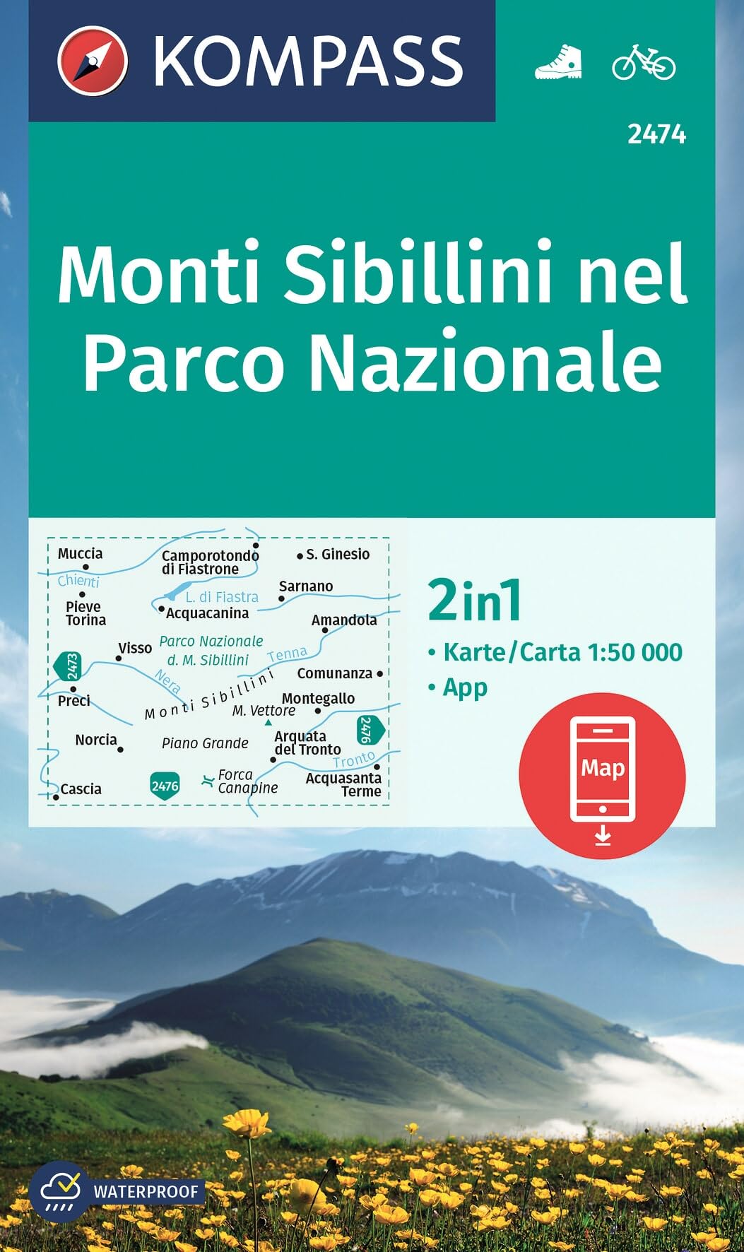 Monti Sibillini D/I (2474): markierte Wanderwege, Hütten, Radrouten