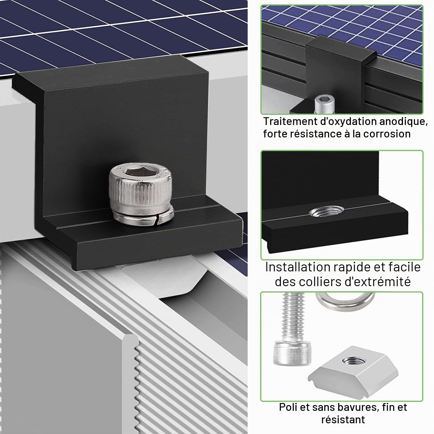 20 Pièces Supports de Panneau Solaire, 30 mm Fixation Panneau Solaire, Kit Panneau Solaire, pour Rail de Montage Photovoltaïque, avec Clé Hexagonale, pour Toiture, Mural