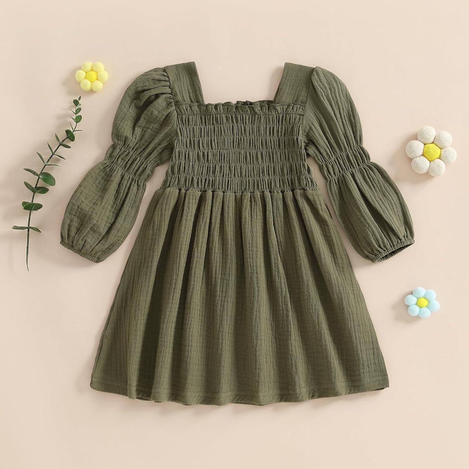 Toddler Girl Smocked Dress Lantern Long Sleeve Solid Color Casual A Line Little Girl Dresses Fall Winter Clothes - Image 7