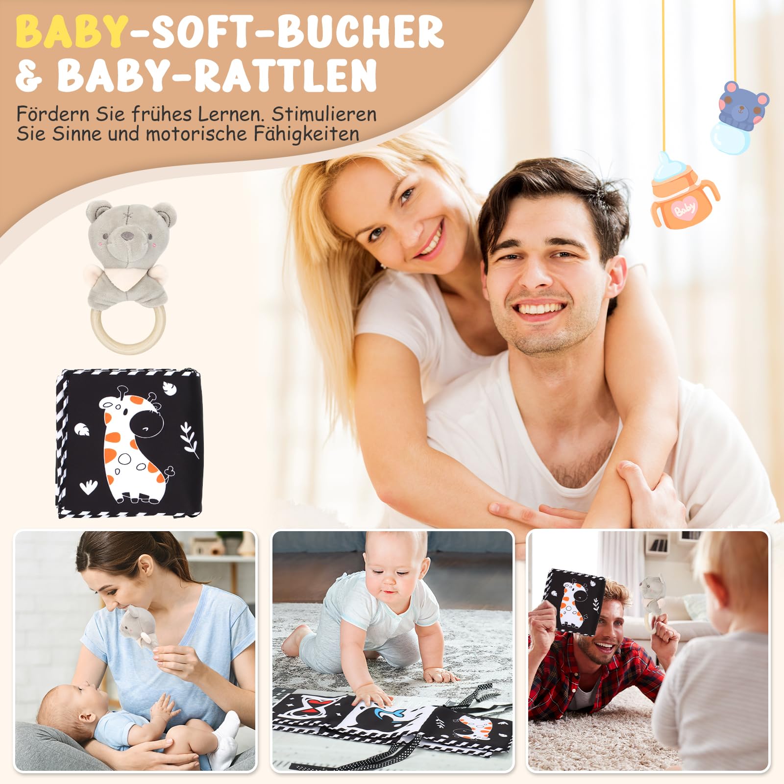 Baby-Geschenkkorb, Geschenkkorb für Neugeborene, Set mit Windel-Caddy sensorisches Buch, Babydecke, Wickelsocken, Rassel, Lätzchen, Meilensteinkarten, Babyparty-Geschenkbox für Jungen, Mädchen, Unisex