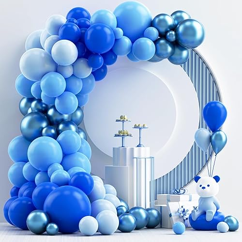 NISOCY Kit de arco de guirnalda de 124 globos azules, 18, 12, 10 y 5 pulgadas, color azul claro, azul real, azul metálico, globos para baby shower,