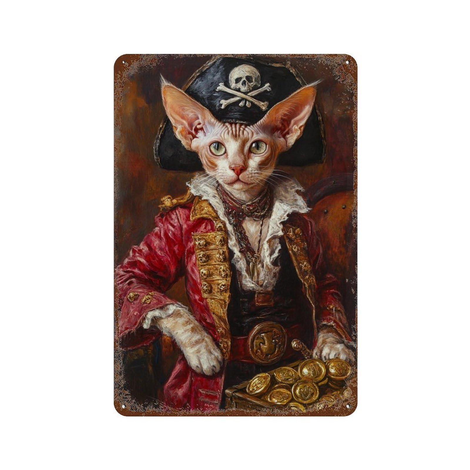 Pirate Cat with Treasure Chest-1 Rustic Tin Plaque 11.8"x7.9", Industrial Home Decor for Pub, Kitchen And Man Cave Decor