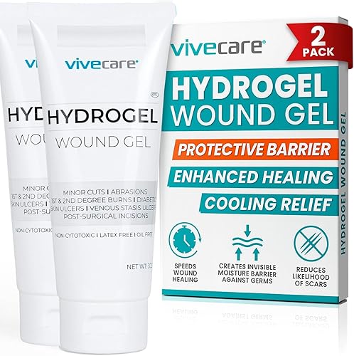 ViveCare - Apósito de hidrogel para heridas (tubo de 3 onzas), gel curativo de primeros auxilios para quemaduras, úlceras diabéticas, cortes,