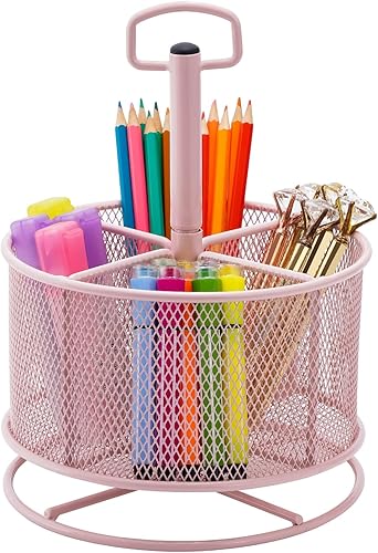 Marbrasse Organizador de escritorio de malla, soporte multifuncional para bolígrafos giratorio de 360 grados, 4 compartimentos, organizador