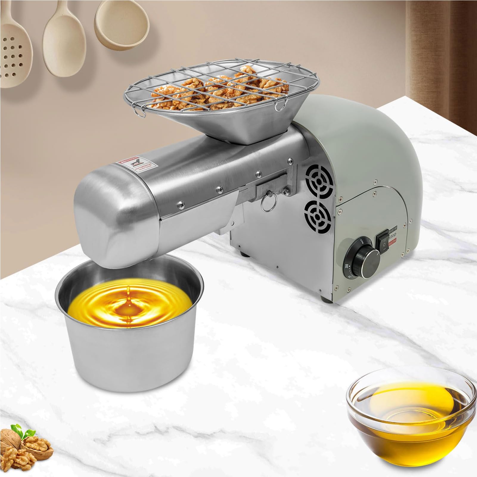 HADECOLL 1250W Steel Stainless Oil Pressing Machine, Commercial Automatic Oil Press Extractor - Cold & Hot Press, No-Fry Material Oil Extraction Device for Peanuts Soybeans Sesame,X,X
