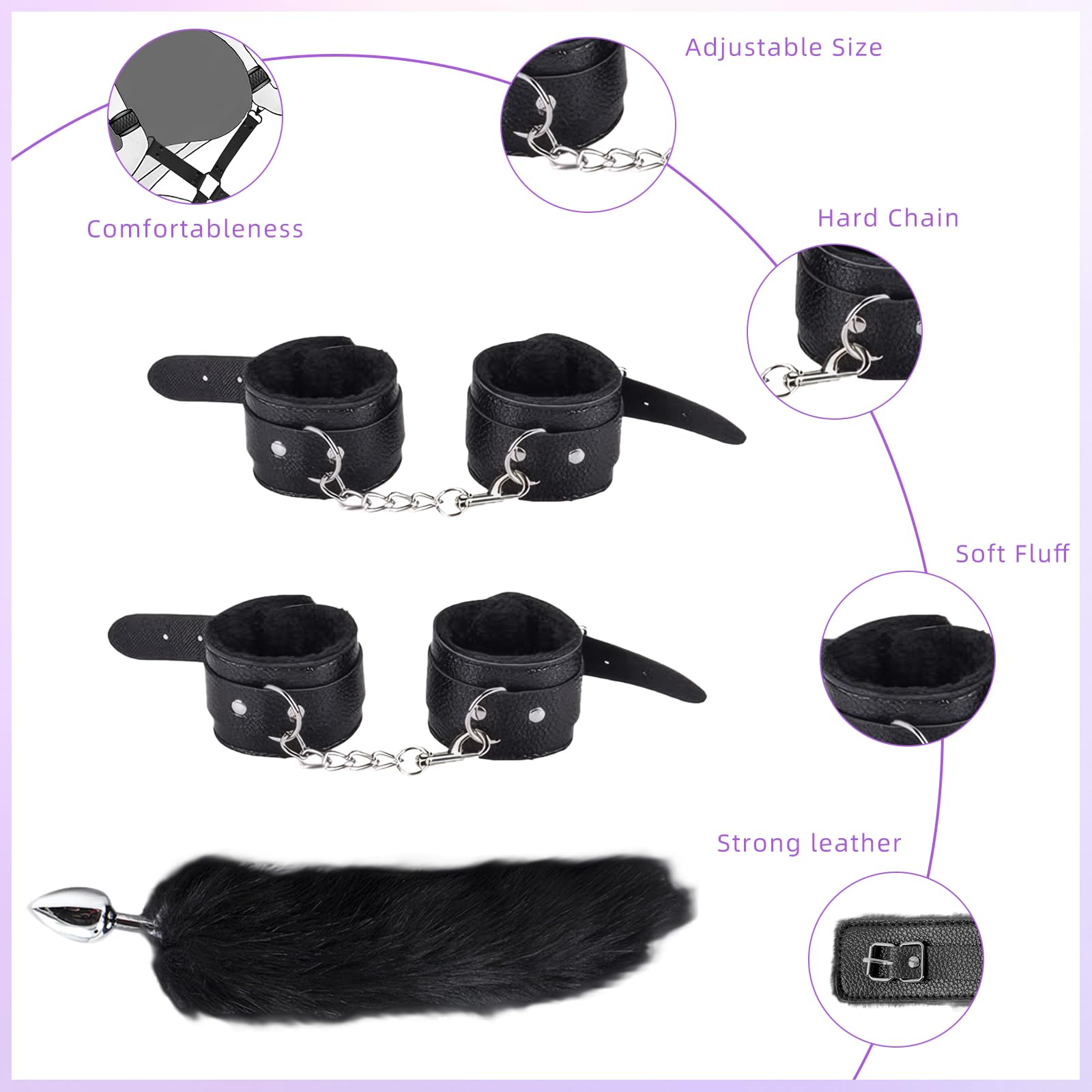 Qoosea Sexo Bondage Restricciones Kits SM 15PCS Set Bondage Ajustable Juegos para adultos en pareja Set de Restricción con Foxtail Plug Anal Esposas para Principiantes Experimentados(Negro)