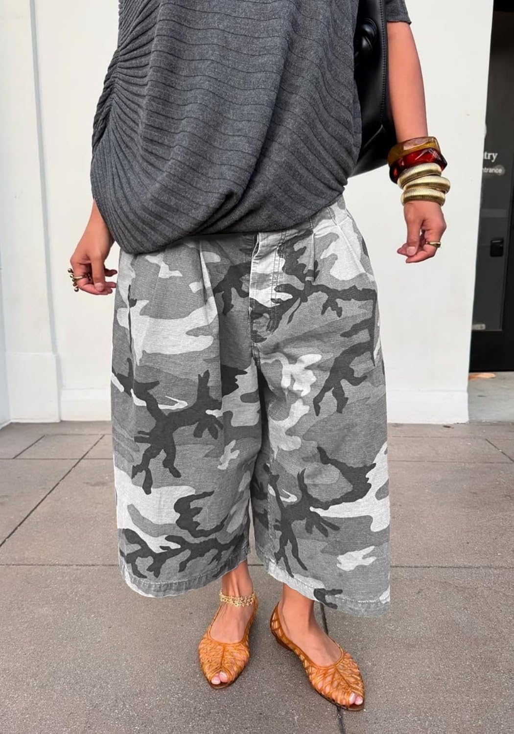 Women's Camo Cargo Jeans Baggy Camouflage Wide Leg High Waist Bermuda Trousers Capris Army Fatigue Pants