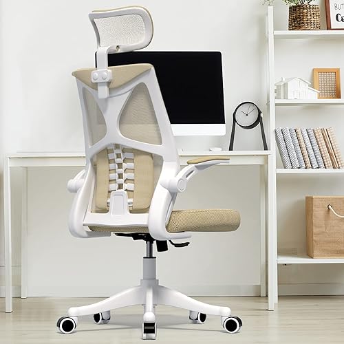 Younmall Ergonomic Office Chair, High Back Desk Chair, Breathable Mesh Chair with Lumbar Support, Adjustable Headrest and Flip-Up Arms, Swivel Task Chair with Adjustable Height (Khaki)