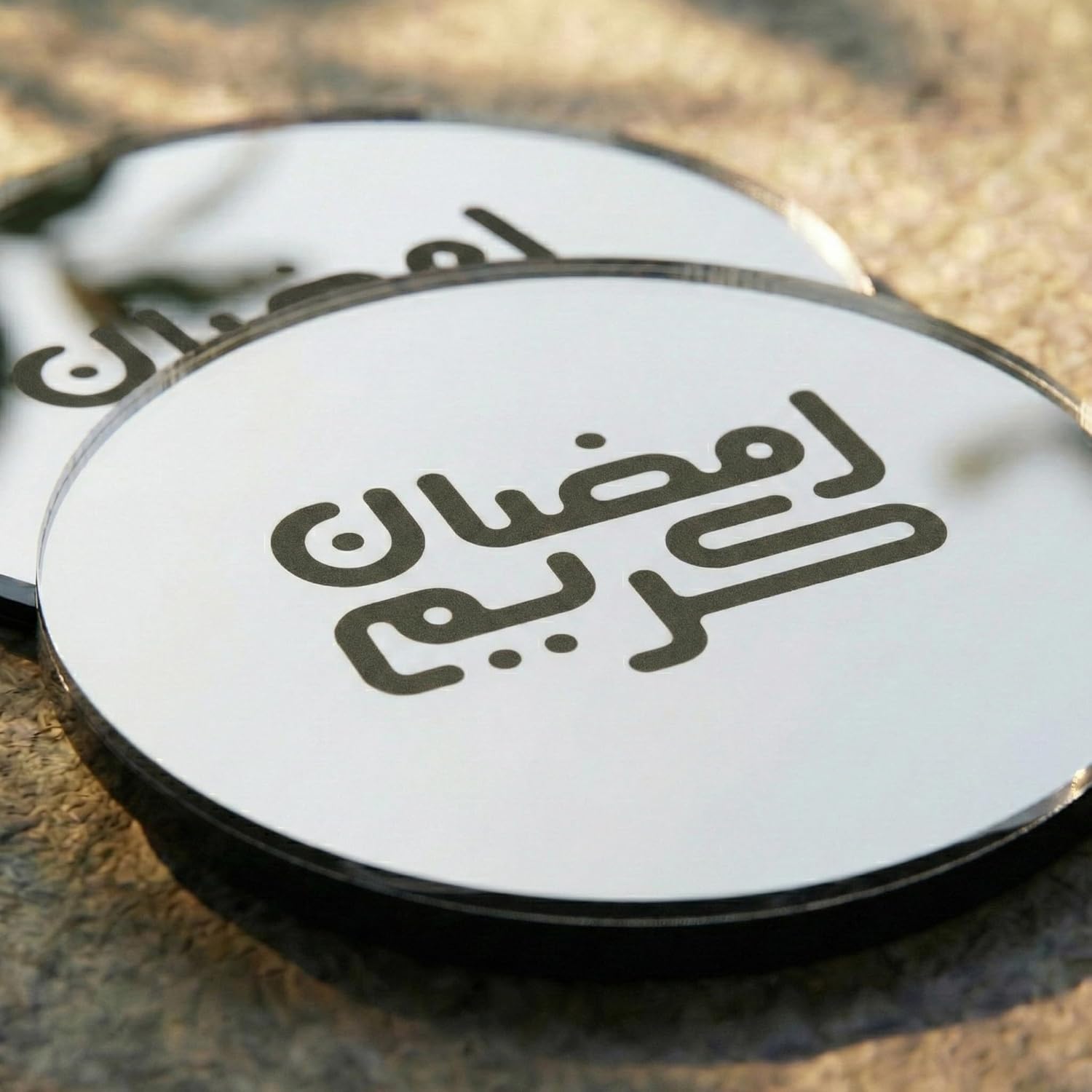 Iwa Concept Round Kufi Ramadan Coasters - Black Acrylic Islamic Calligraphy Drink Mats - Elegant Iftar Table Decor - 12 Pack - Circular Ramadan Kareem Art