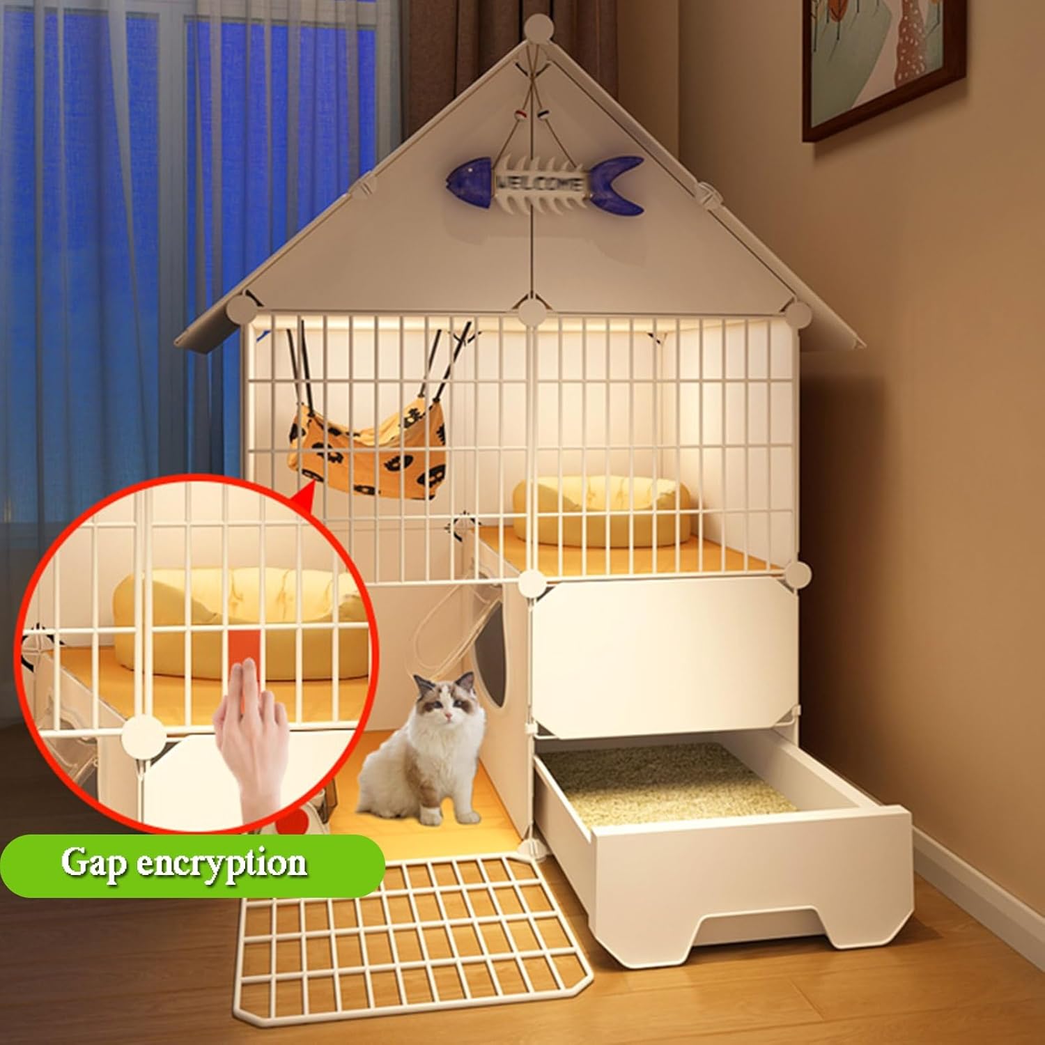 2 Tier Cat Enclosures, Cat Cage Indoor, Cat Playpen, with Litter Box, Iron Mesh, Resin, Cat Playpen Detachable, Cat House, for Kitten Small Animals(Gray,29.5x29.5x42.9in)