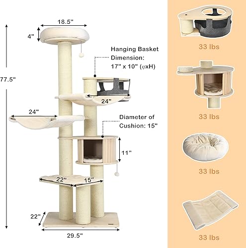 Miniatura 5 de PETSITE Árbol para gatos de 77.5 pulgadas de alto, torre moderna de varios niveles para gatos con postes rascadores de sisal, perca superior,