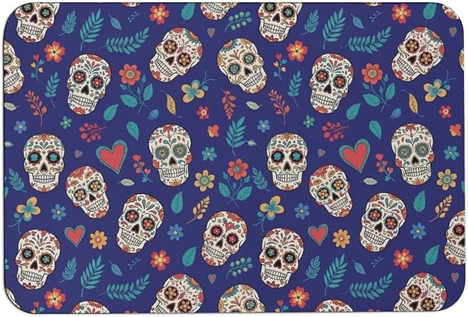 Indoor and Outdoor Floor Mats with Non-Slip Backing Day Dead Cool Mexican Sugar Skull Art for Home, Kitchen, Laundry Rooms, Patios Use, Easy to Clean
