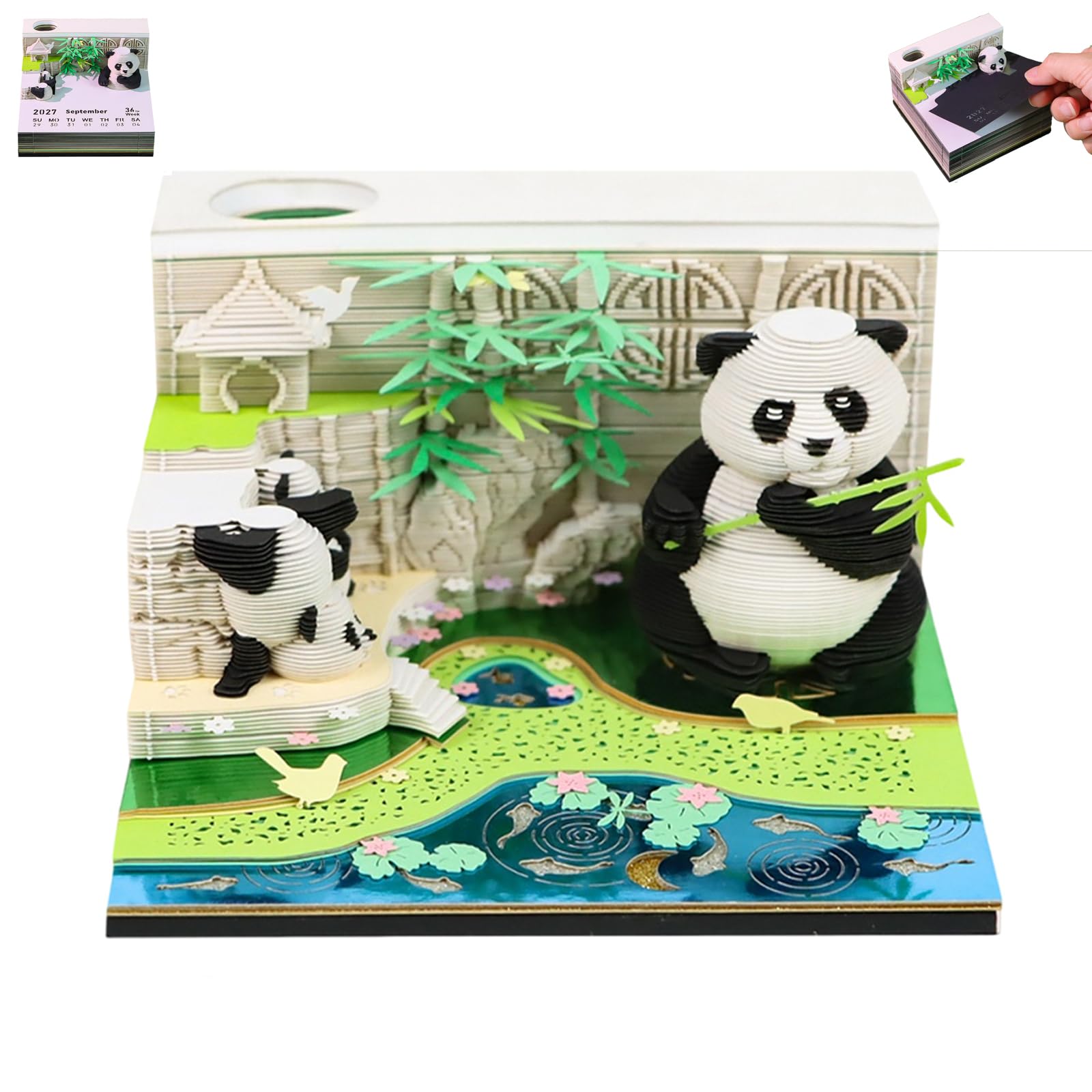3D Memo Pad Time Piece Calendar 2027, 3D Tear-Off Art Desk Calendar 2027, Creative 3D Memo Pad Paper Art Tree House DIY Paper Carving Decoration (Panda Garden)