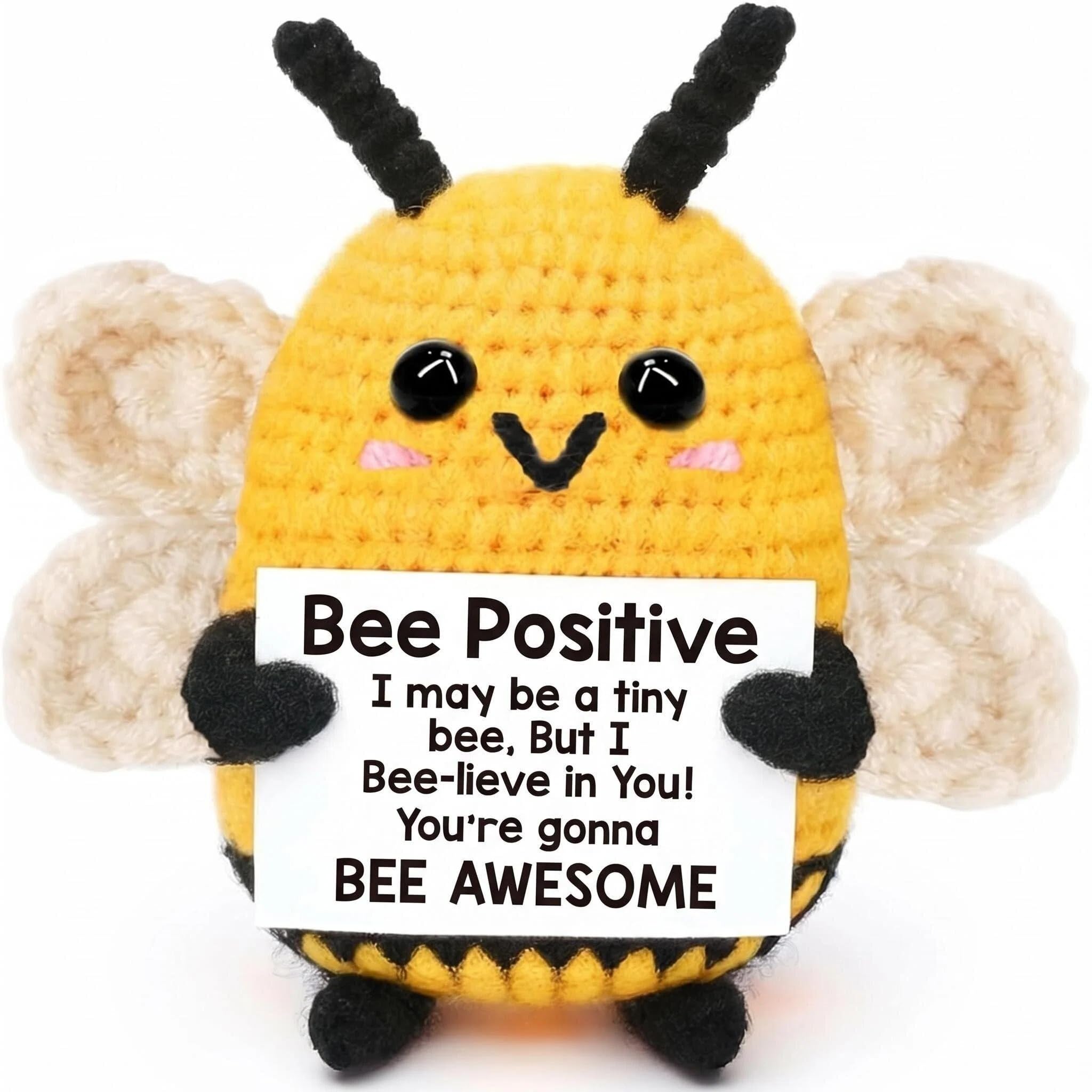 RARITYLL Positive Bee, Good Luck Positive Gifts, Emotional Support Mini Funny Knitted Bee Doll, Affirmation for Women Men Friend, Leavers Gifts for Work Colleagues with Affirmation Card