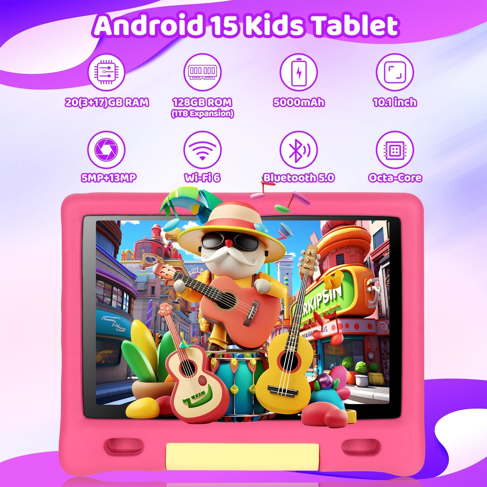 Ainmel 10 inch Kids Tablet with Case, Android 15 Tablet for Kids Ages 3-12 Years, 20GB+128GB(1TB TF Expand), Octa-Core Processor, Parental Controls, WiFi 6, BT5.3,Preloaded Edu Apps (Pink) — view 2