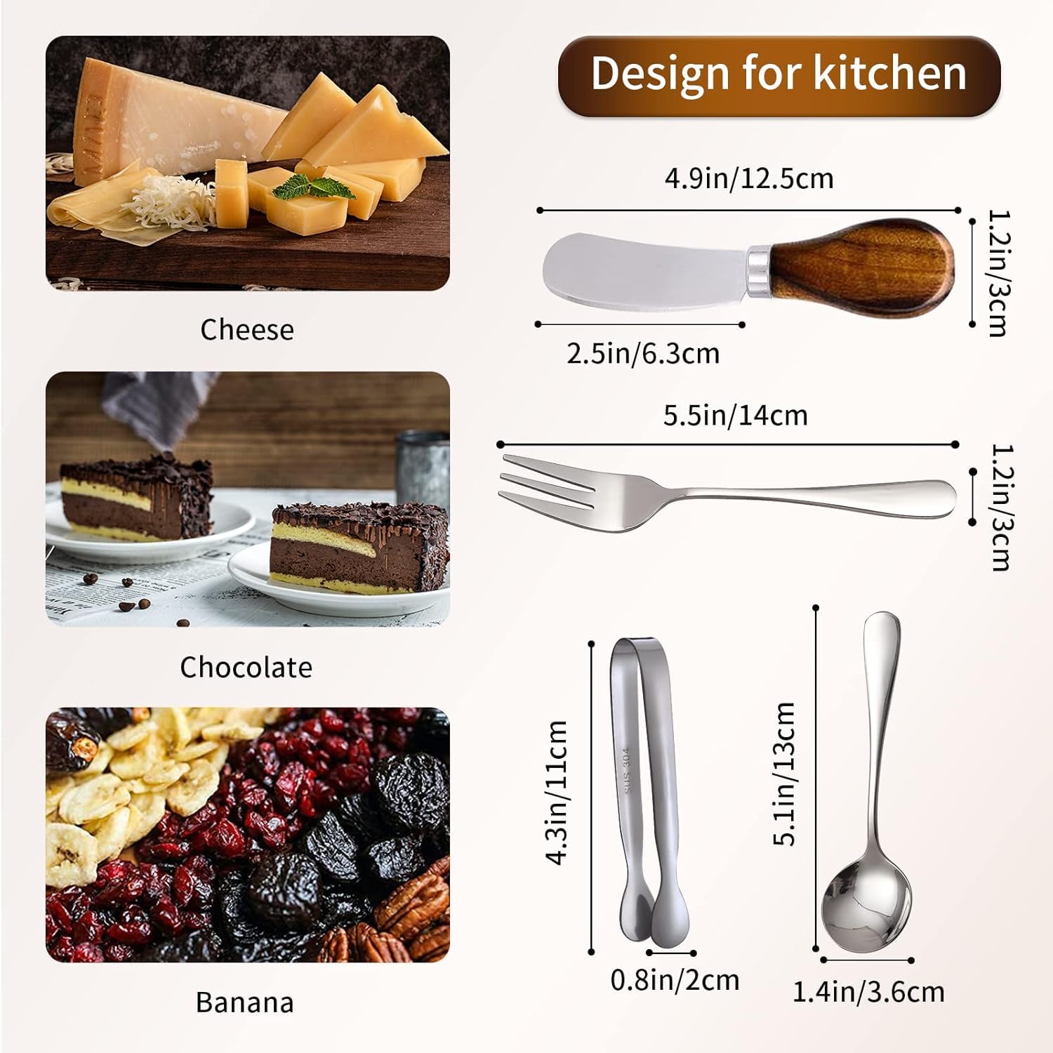 Juego de 14 cuchillos esparcidores de mantequilla de queso, de acero inoxidable, cuchillo de mantequilla con mango de madera, mini pinzas para servir, cuchara y tenedor para queso, mermelada