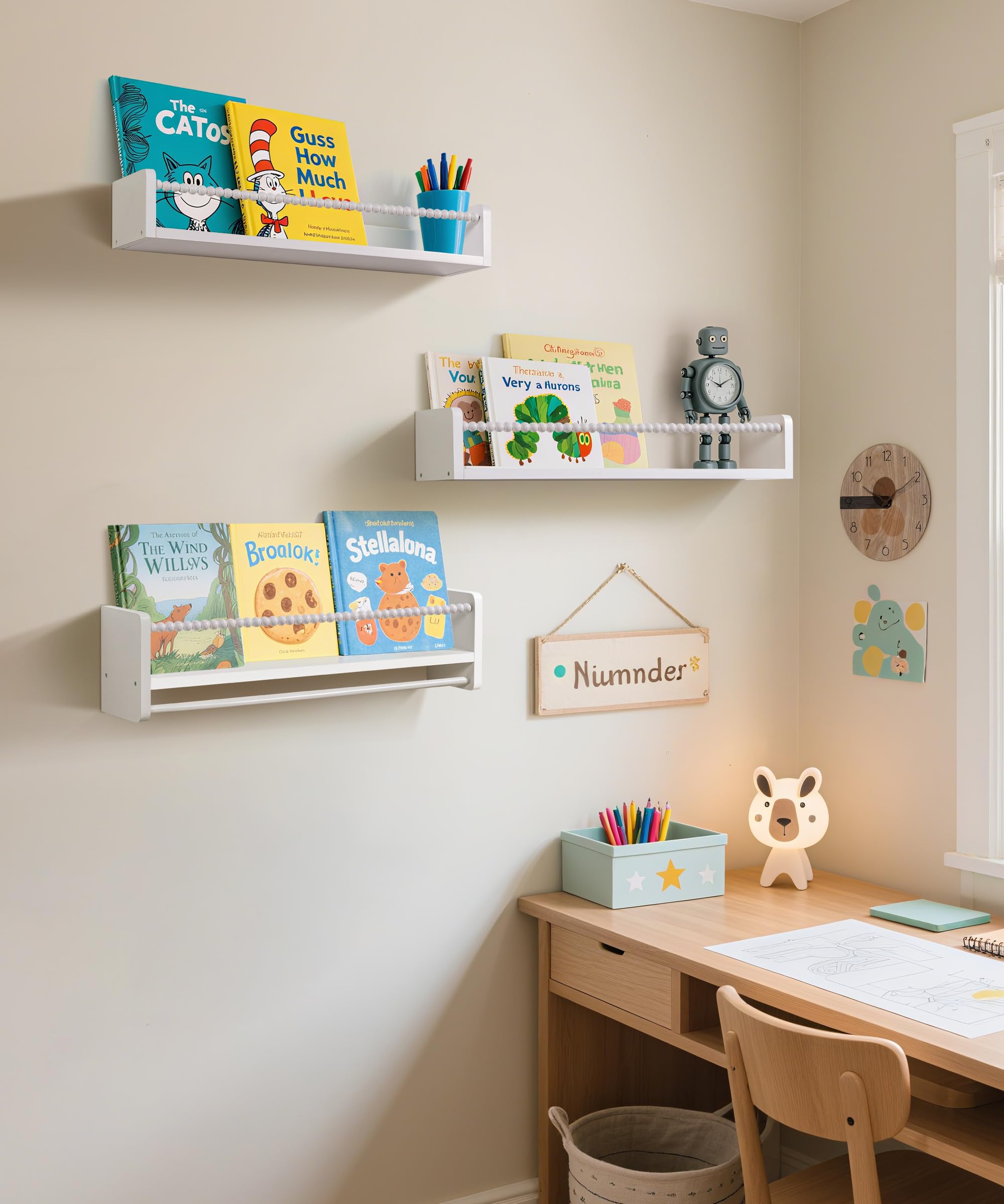 Estantería Infantil, Libreria Infantil Blanca con Barra de Perlas | 58cm Estanteria Libros Infantil Juego de 3, Biblioteca, Almacenaje, Decoración, para Libros, Juguetes para Cuarto Infantil